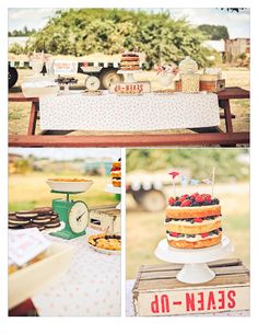 an outdoor dessert table with cake and pastries