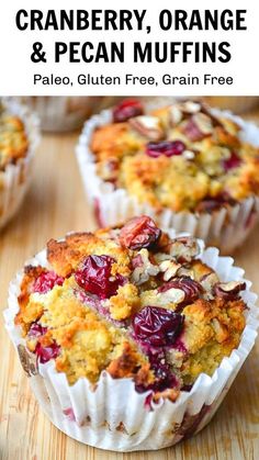 cranberry and pecan muffins on a wooden table with text overlay