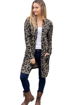 Leopard Print Open Front Pocketed Cardigan Lepord Print Shoes, How To Wear Cardigan, Animal Print Cardigan, Unique Cardigan, Leopard Print Outfits, Fall Outfits For Women, Shoes Fall, Leopard Print Cardigan, Grey Leopard Print