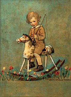 a painting of a little boy riding a rocking horse with skis on it's back