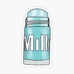 a blue bottle sticker with the word milk on it's side and an image of