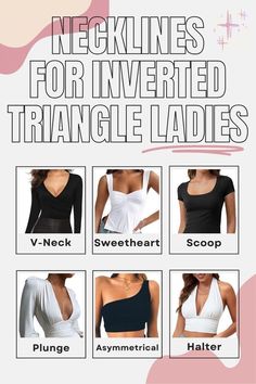 Necklines For Inverted Triangle Body Shape, Inverted Body Type, Fits For Inverted Triangle, Inverted Triangle Tops Shirts, Style Inverted Triangle Body Shape, Cute Outfits For Inverted Triangle Shape, Interverted Triangle Body Shape, Broad Shoulder Necklines, Trousers For Inverted Triangle Shape