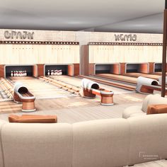 an artistic rendering of a bowling alley with lanes and benches in the center, as well as seating for people to sit on