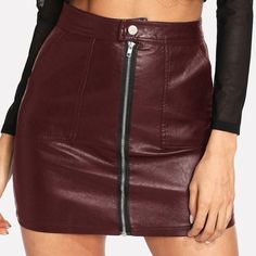 New Wine Red Mini Skirt. Size S (4 Us). Pu, Never Used Fall Mini Skirt With Zip Fly, Burgundy Mini Skirt For Fall, Wine Red Skirt, Skirts Shein, Pu Leather Skirt, Red Mini Skirt, Leather Skirts, Maroon Leather, Red Skirt