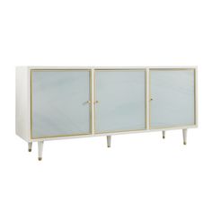 a white cabinet with three doors and two legs on the bottom, in front of a white background