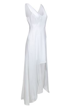 BCBG Max Azria is serving clean, effortless and chic with this ivory maxi dress. Featuring a high low middle front, this dress is the perfect "blank slate" to build a look for your next event. Pair this with bold jewelry, heels, and a clutch for your next event! Size 2 Shell 100% Polyester Lining 88% Polyester, 12% Spandex Slip dress style lining Invisible back diagonal zipper Sleeveless Maxi high low V-neckline front and back Bust 33" Waist 27" Shoulder to hem (front side) 56" Shoulder to hem ( Elegant Sleeveless High Low Dress For Spring, White Asymmetrical Maxi Dress For Formal Occasions, Formal High-low Hem Maxi Dress For Summer, White Maxi Dress With Asymmetrical Hem For Formal Events, White Maxi Dress With Asymmetrical Hem For Formal Occasions, Elegant Maxi Dress With Side Slits And Asymmetrical Hem, Sleeveless Solid Bias Cut Dress, Chic Maxi Dress With High-low Hem For Formal Events, Summer Wedding Maxi Dress With Side Slits