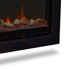 an electric fireplace with logs and flames