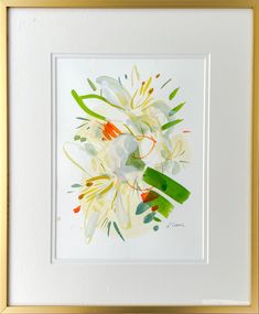 a white and yellow flower is in a gold framed art print by artist susan grisby