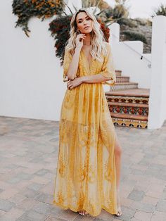 US$ 44.09 - Yellow Lace V-neck Split-side Cover-up Dress - www.streetally.com Fitted V-neck Boho Dress For Party, Flowy V-neck Summer Dress, Yellow V-neck Dress For Casual Wear, Fitted V-neck Sundress For The Beach, Brunch Sundress V-neck Maxi Dress, V-neck Sundress Maxi Dress For Brunch, Yellow V-neck Boho Dress For Spring, V-neck Sundress Maxi Dress, Flowy V-neck Beach Dress For Party