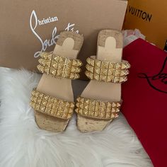 Brand New In Box Christian Louboutin Gold Sandals Designer Gold Wedge Heels, Gold Open Toe Heels With Red Sole, Gold Sandals With Round Toe And Gold Studs, Gucci Ophidia Bag, Louboutin Wedges, Christian Dior Sunglasses, Christian Louboutin Sandals, Leopard Sandals, Suede Slides