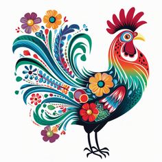 a colorful rooster with flowers on it's back and feathers painted in different colors