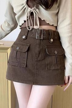 High Waist Cargo Pockets Mini Skirts – Nada Outfit Land Cargo Pants Aesthetic, Denim Cargo Skirt, Cargo Skirt Outfit, Denim Mini Skirts, Cargo Outfit, Fall Boots Outfit, Fall Trends Outfits, Belted Mini Skirt, Fall Dress Outfit