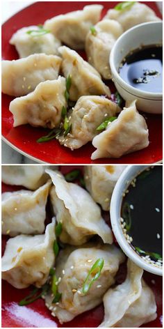 dumplings on a red plate with dipping sauce in the middle and another photo of dumplings