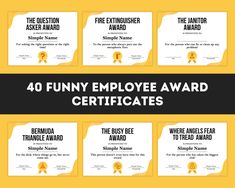 the 40 funny employee award certificates are available in multiple colors and sizes, including yellow