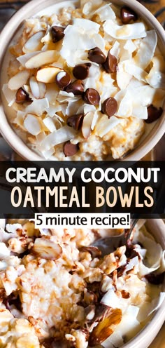 two bowls filled with oatmeal and chocolate chips on top of each other