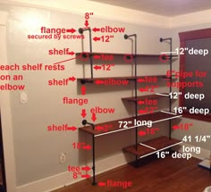 a room with shelving and shelves labeled in red