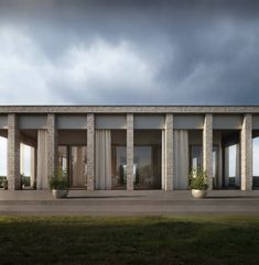 an architectural rendering of a modern building with columns and large potted plants on the outside