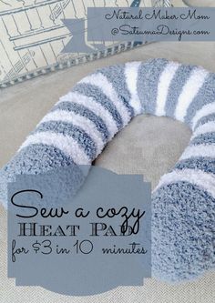 several images of socks, mitts and sewing supplies with text overlay that says sew a cozy heat pad for $ 3 in 10 minutes