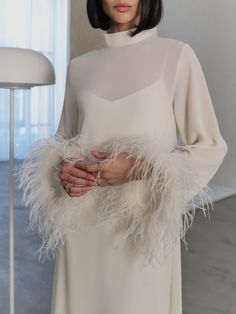 Straight midi dress with feathers on the cuffs :: LICHI - Online fashion store Straight Midi Dress, Dress With Feathers, Silk Georgette Dress, Rehearsal Dinner Outfits, Beautiful Bridal Dresses, Luxury Wedding Decor, Turkey Feathers, Feather Trim, Formal Dresses Short