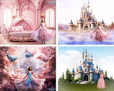 four different pictures of princesses and their castle in the sky, with pink clouds