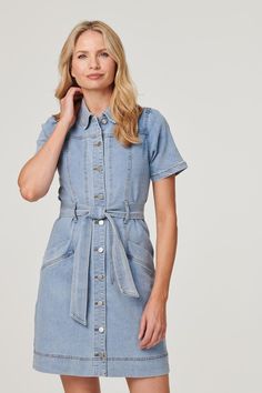 Add a tailored silhouette to your casual dress collection with this denim shirt style. It has a classic collar, with a v-neck, button front, short sleeves, a detachable self-tie belt, handy pockets and a short length hem. Pair with fresh trainers for a chic off-duty look. Denim Shirt Style, Short Shirt Dress, Denim Tie, Tie Waist Shorts, Short Shirt, Short Shirts, Fashion Face, Dress Clothes For Women, Denim Shirt