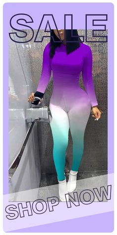 Purple Fashion Casual O Neck Long Sleeve Regular Sleeve Skinny Gradual Change Print Jumpsuits Purple Fashion Casual, Camouflage Fashion, Crop Top Sweatshirt, Jumpsuits And Romper, Printed Jumpsuit, Jumpsuit Fashion, Red Fashion, Pink Print, Blue Fashion