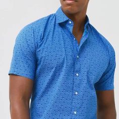 Nwt - Retails $149 Bought From Nordstroms Small Red Shark Fins Hide In Foamy Waves On An Ocean-Blue Sport Shirt Made From A Comfortable Cotton Blend With A Touch Of Stretch To Help You Get Away In A Hurry Blue Collared Short Sleeve Shirt For Business Casual, Blue Business Casual Shirt For Summer, Blue Fitted Cotton Short Sleeve Shirt, Fitted Blue Cotton Short Sleeve Shirt, Classic Fitted Blue Short Sleeve Shirt, Blue Fitted Short Sleeve Shirt Classic Style, Blue Fitted Short Sleeve Shirt For Summer, Fitted Blue Short Sleeve Shirt For Summer, Blue Slim Fit Top With Spread Collar