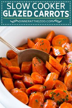 a white bowl filled with sliced carrots next to a wooden spoon and text overlay that reads slow cooker glazed carrots