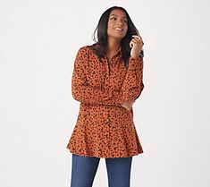 This printed peplum shirt is stretchy and chic -- just how we like our everyday tops, thank you very much. From Susan Graver. Fall Peplum Top For Workwear, Fall Workwear Peplum Top, Fall Season Peplum Top For Workwear, Casual Peplum Tops For Fall, Fall Peplum Top For Work, Casual Floral Print Peplum Top, Casual Peplum Blouse, Casual Peplum Blouse For Fall, Casual Peplum Top