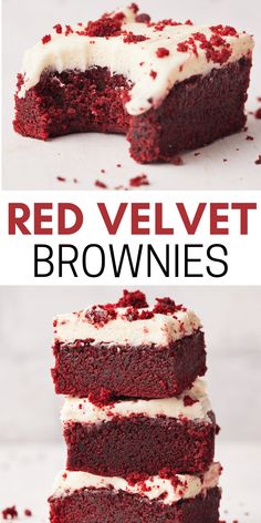 red velvet brownies with white frosting stacked on top of each other