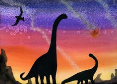 an image of two dinosaurs in the sunset