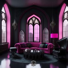 a living room with pink and black furniture in front of large arched windows on the wall