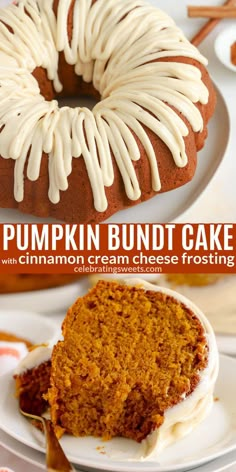 pumpkin bundt cake with cinnamon cream frosting on a white plate next to the bundt cake