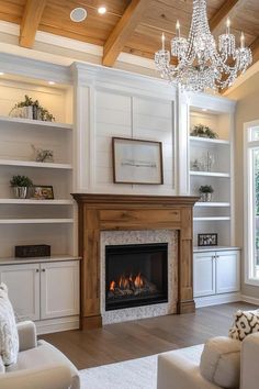 fireplace built in Gas Fireplace With Bookshelves, One Side Built In Next To Fireplace, Farmhouse Living Room Built Ins, Built Ins With Fireplace, High Ceiling Living Rooms, Fireplace Centerpiece, Small Home Library, Home Town Hgtv, White Built Ins