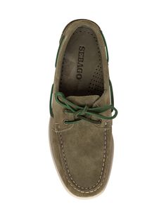 Green suede loafer. Leather laces. Visible stitching.Composition: Outside:, 100% Leather Lining:, 100% Leather Sole:, 100% Rubber Reference Size: Us Casual Green Suede Leather Shoes, Classic Green Suede Moccasins, Leather Lace-up Boat Shoes With Textured Sole, Casual Green Suede Moccasins, Suede Boat Shoes With Leather Footbed And Round Toe, Low-top Leather Moccasins With Suede Lining, Suede Loafers With Leather Sole, Suede Lace-up Loafers With Leather Sole, Suede Loafers With Leather Sole And Lace-up Design