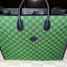 Style: 6599802uzan3368 Variation: Green And Blue Canvas Size: U Green Gucci Bag With Detachable Handle, Designer Green Shoulder Bag For Business, Luxury Green Bags For Errands, Green Luxury Bag For Errands, Green Gucci Travel Bag, High-end Green Bags For Shopping, High-end Green Shopping Bag, Designer Green Tote Bag, Designer Green Shopping Bag