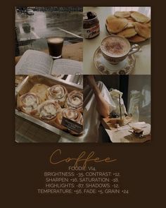 coffee and pastries are on display in this collage with the caption coffee