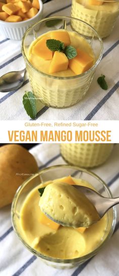 mango mousse in small glass bowls with spoons