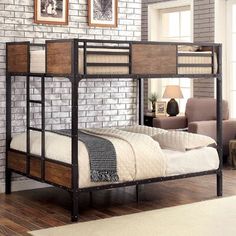 the bunk bed is made with metal frame and wood trimmings, along with bookshelves