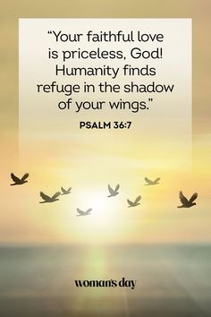 birds flying in the sky with a quote above it that reads, your faith love is priceless god humanity finds refuge in the shadow of your wings