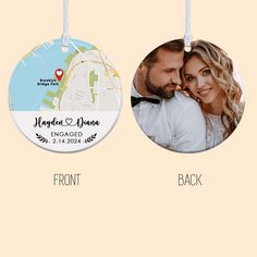 two personalized photo ornament hanging from a string with the names and date printed on it