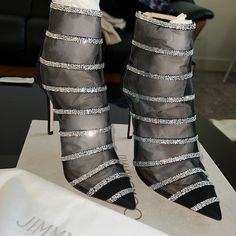 Gorgeous Heels!! Sold Out At Bergdorf Goodman Comfy And Showstoppers!! Jimmy Choo Mugler Boots, Jimmy Choo Heels Sneakers & Athletic Shoes, Boots Outfit Classy, Shining Boots, Sparkly Boots Outfit, Boots Swarovski, Clear Heel Shoes, Sparkly Boots, Fancy Footwear