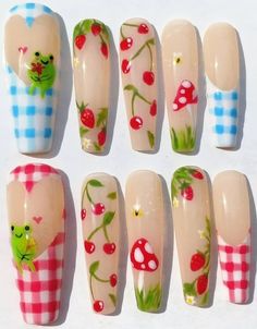 Pickle Nails, Keroppi Nails, Cute Nails Inspiration, Cottage Core Nails, Cottagecore Nails, Easter Nail Ideas, Nails Art Designs, Easter Nail