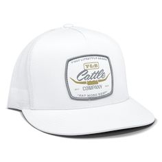 Classic 5-panel high-profile trucker cap. "Old-school" fit & finish. Logo: Embroidered Patch Material: Cotton/poly-twill front panels, Trucker mesh back Closure: Plastic snap adjustable Sizes: Adult | One size fits most White Trucker Hat With Mesh Back And Curved Bill, White Trucker Baseball Cap With Logo Patch, White Trucker Hat With Logo Patch For Baseball Season, White Trucker Hat With Logo Patch, White Snapback Hat With Mesh Back And Curved Bill, White Snapback Hat With Mesh Back, White Baseball Cap With Curved Bill And Pre-shrunk, White Trucker Baseball Cap With Mesh Back, White Baseball Cap With Curved Bill