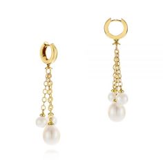 105350 18k Yellow Gold Earrings   6 Pearls   Joseph Jewelry. These stunning chandelier pearl earrings make the picture-perfect jewelry piece to complement your evening look and give it a boost of playful finish. Created in 18k yellow gold, these earrings feature multi-length drops of yellow gold chains adorned with unblemished white pearls of different sizes.      This lively combination of dangling chains and pearls gives this piece its own fresh and classy character. If this pair got you inspi Yellow Gold Pearl Drop Dangle Chandelier Earrings, Luxury White Dangle Hoop Earrings, Fine Jewelry Yellow Gold Dangle Pearl Earrings, Formal Yellow Gold Chandelier Earrings With Pearl Drop, Luxury Dangle Pearl Earrings With Charm, Classy Character, Stunning Chandelier, Fluid Design, Yellow Gold Earrings