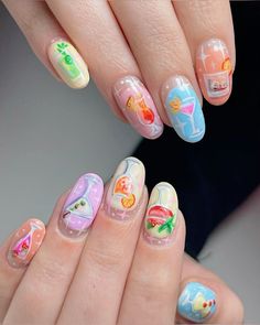 Drink Nails Designs, Colourful Acrylics, 21st Nails, Dessert Nails, Mismatched Nail Art, Margarita Nails, Martini Nails, Lv Nails, Short Round Nails