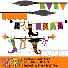 halloween candy shop digital clip art including black and white cats, bats, witch hats