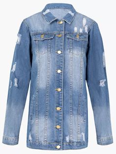 US$ 29.16 - Mid-length Deep Blue Ripped Denim Coat - www.zicopop.com Ripped Blue Long Sleeve Outerwear, Ripped Blue Denim Outerwear, Jean Shirt Outfit, Jean Shirt Outfits, Shirt Spring Outfit, Style Jean Jacket, Casual Denim Jacket, Boyfriend Jacket, Denim Shirt With Jeans