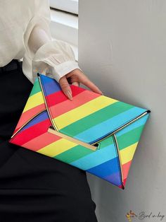 BirdinBag - Stylish Envelope Clutch Bag: Chic Multi-color Stripes, Spacious & Flap Closure Rainbow Rectangular Bag For Parties, Multicolor Shoulder Bag Clutch For Party, Rainbow Rectangular Party Bag, Colorful Party Bags, Multicolor Envelope Bag For Everyday Use, Bag Minimalist, Envelope Clutch Bag, Envelope Bag, Envelope Clutch