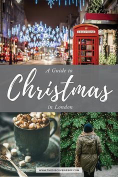 the cover of a guide to christmas in london, with pictures of people walking down the street